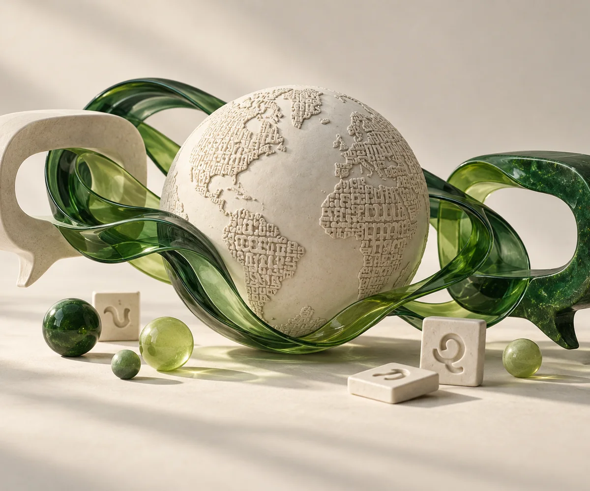 A ceramic globe wrapped in green glass ribbons connecting two speech bubbles